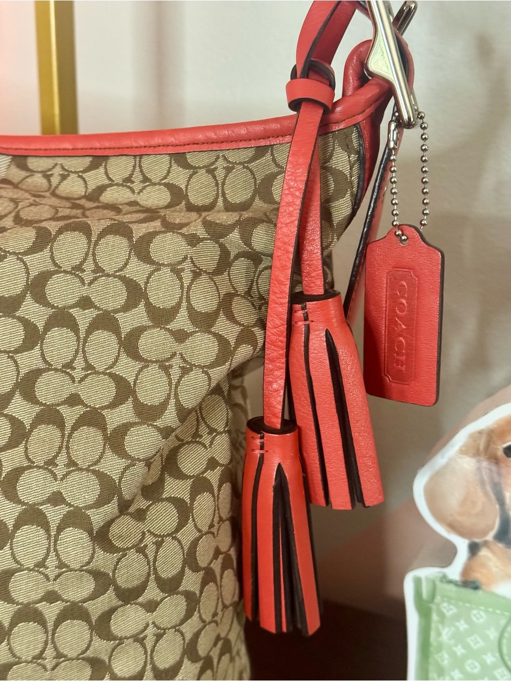 Coach Legacy Signature Stripe Duffle with Coral Trim and Tassels - Picture 4 of 12